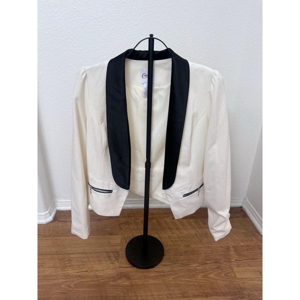 Candies Womens Blazer Large Cream Black Tuxedo Shawl Collar Cropped Bow Back Zip